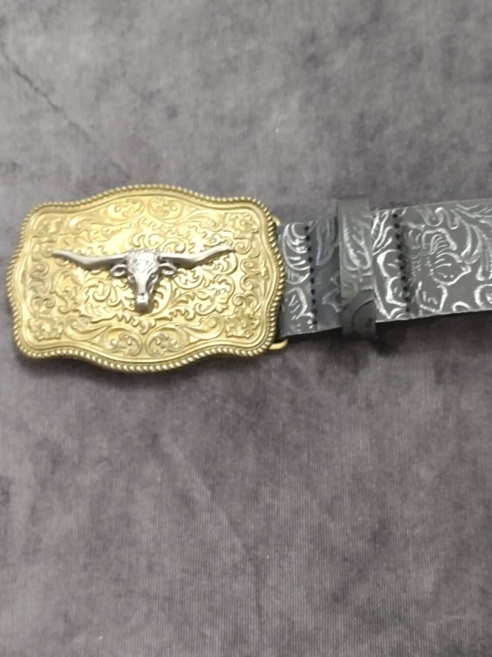Western Longhorn Skull Statement Belt Engraved Gold Buckle Ranch Style - Picture 3 of 11